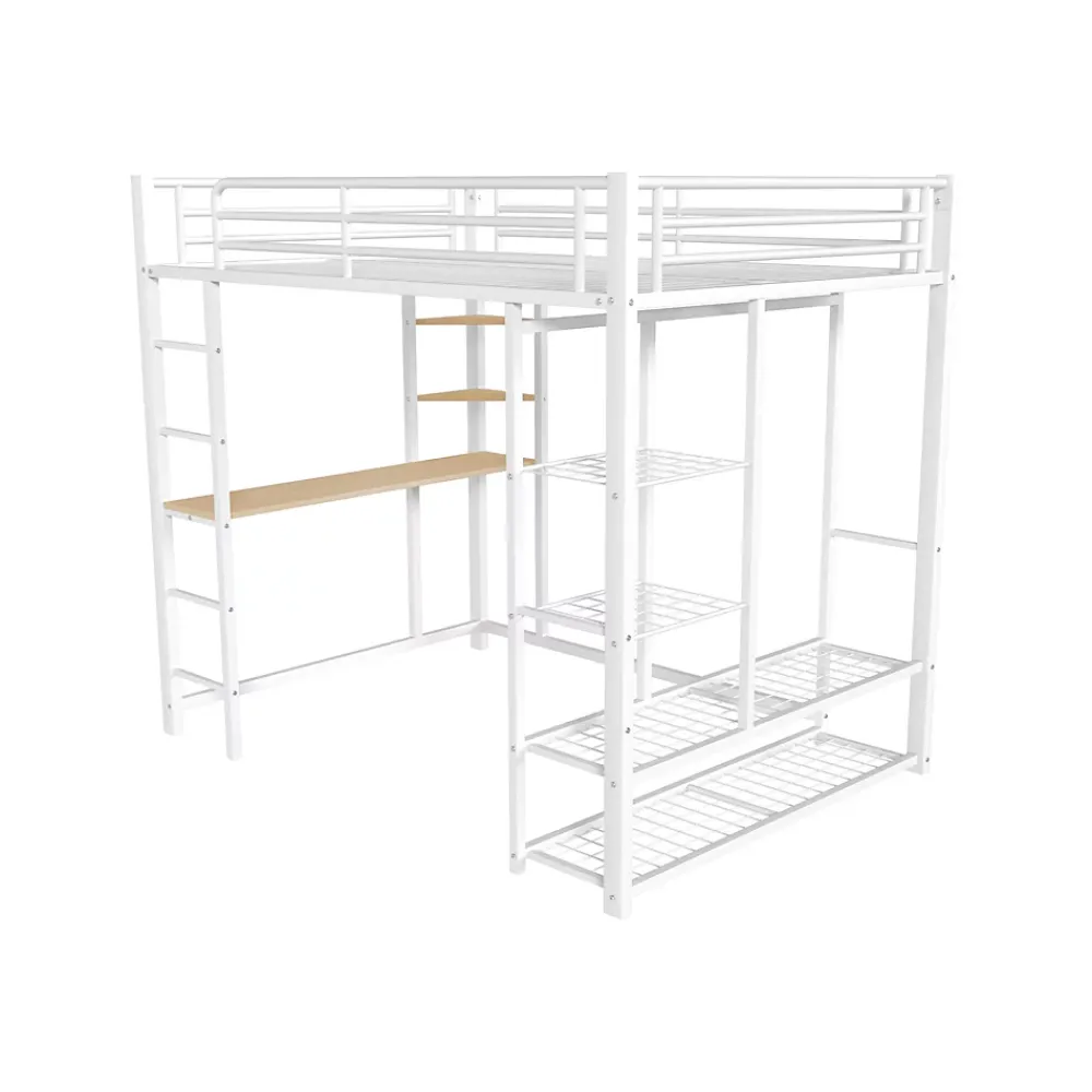 Okwish Lit Mezzanine 140x200 cm, Lit Double Ado avec Bureau Intégré et Échelle Sécurisée, Structure Métal et MDF, Sans Matelas - Blanc* Lit Mezzanine