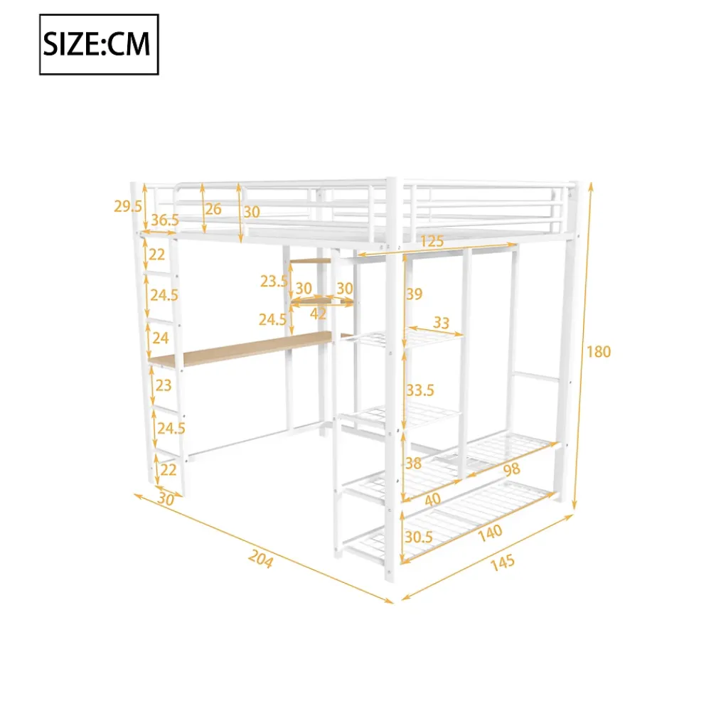 Okwish Lit Mezzanine 140x200 cm, Lit Double Ado avec Bureau Intégré et Échelle Sécurisée, Structure Métal et MDF, Sans Matelas - Blanc* Lit Mezzanine