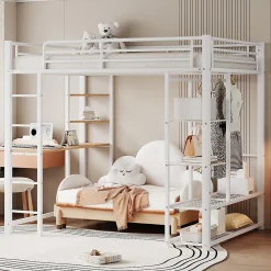 Okwish Lit Mezzanine 140x200 cm, Lit Double Ado avec Bureau Intégré et Échelle Sécurisée, Structure Métal et MDF, Sans Matelas - Blanc* Lit Mezzanine