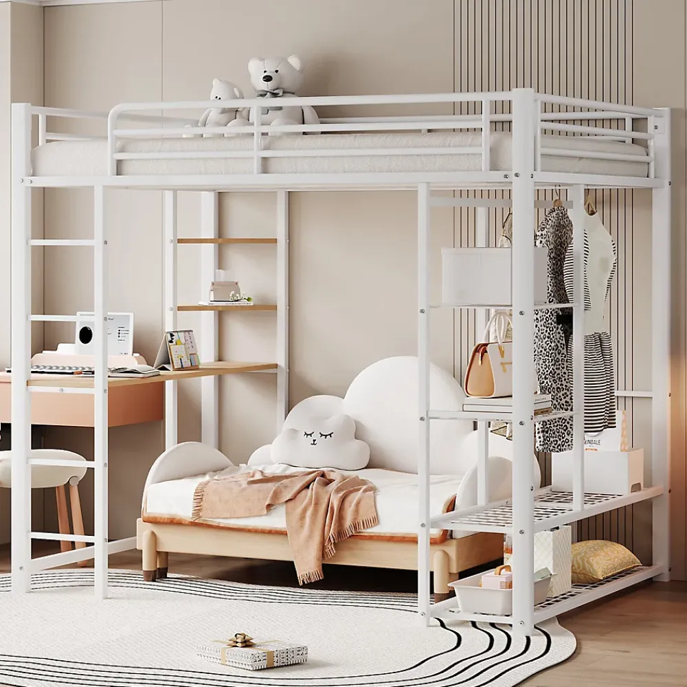 Okwish Lit Mezzanine 140x200 cm, Lit Double Ado avec Bureau Intégré et Échelle Sécurisée, Structure Métal et MDF, Sans Matelas - Blanc* Lit Mezzanine