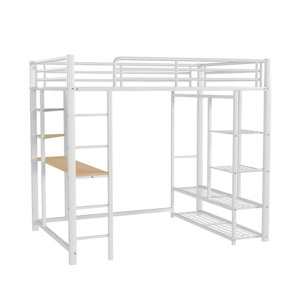 Okwish Lit Mezzanine 140x200 cm, Lit Double Ado avec Bureau Intégré et Échelle Sécurisée, Structure Métal et MDF, Sans Matelas - Blanc* Lit Mezzanine