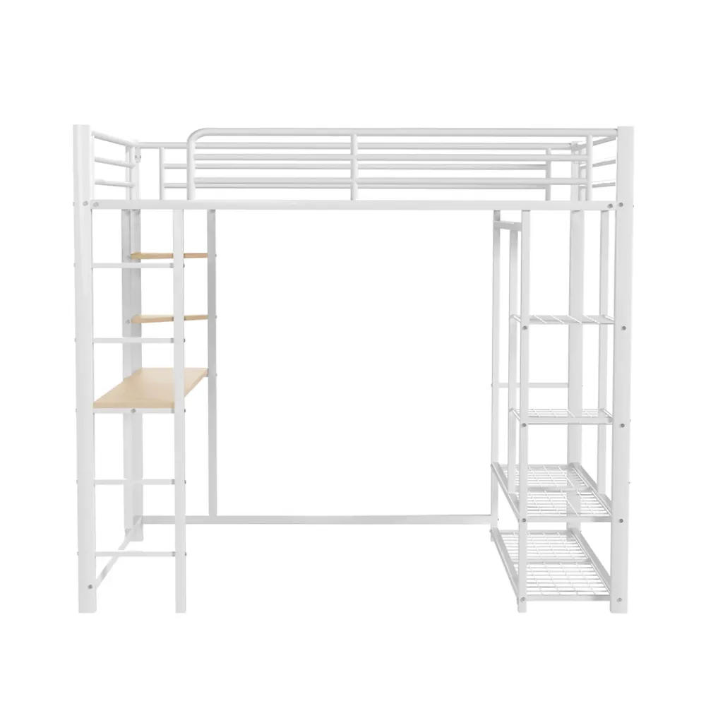 Okwish Lit Mezzanine 140x200 cm, Lit Double Ado avec Bureau Intégré et Échelle Sécurisée, Structure Métal et MDF, Sans Matelas - Blanc* Lit Mezzanine