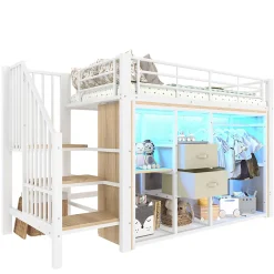 Okwish Lit Mezzanine 90x200 cm, Lit Enfant avec Éclairage LED, Armoire Ouverte, Escalier et Barre de Sécurité - Sans Matelas - Blanc* Lit Mezzanine