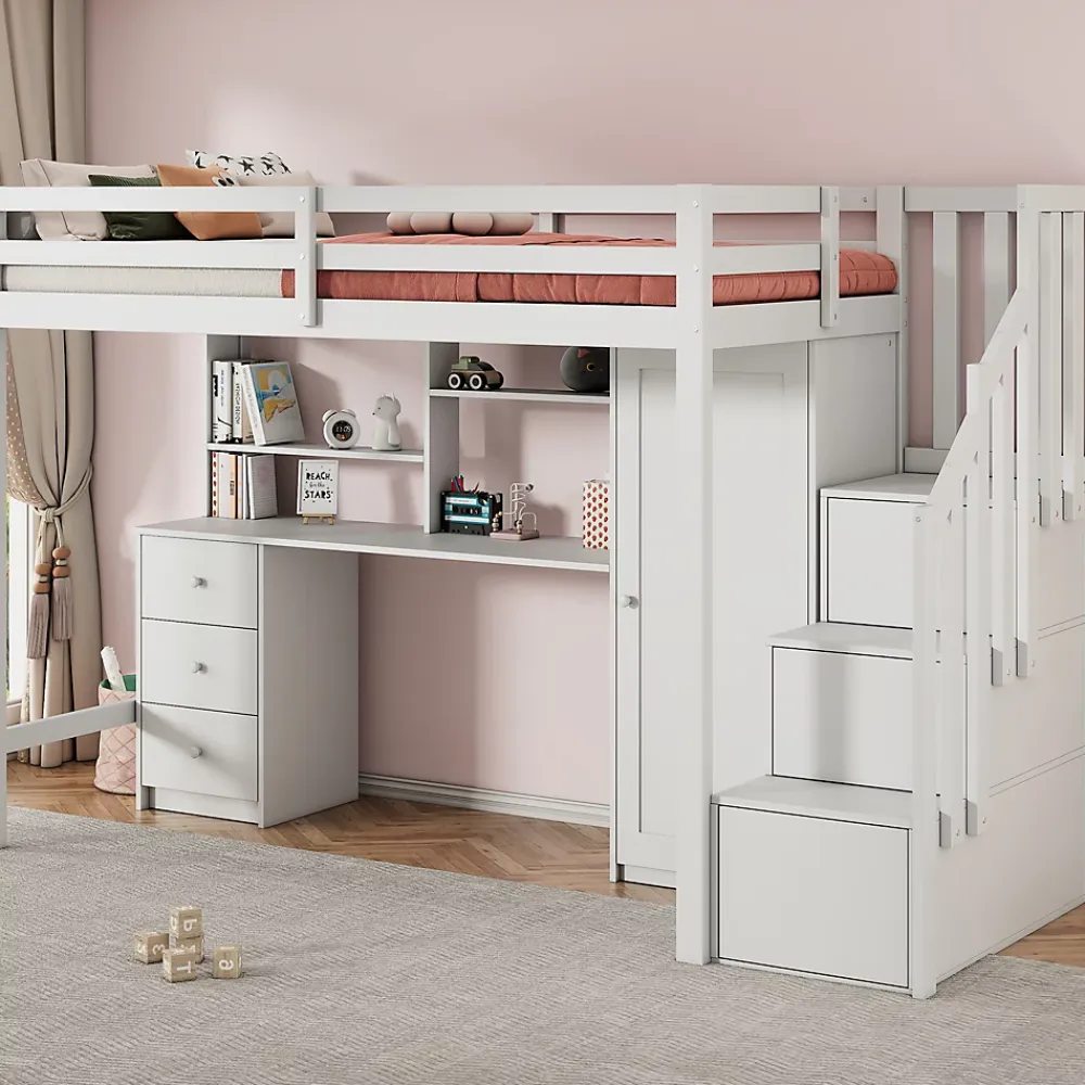 Okwish Lit Mezzanine 90x200 cm, Lit Enfant avec Bureau et Armoire, Escalier Rangement et Tiroirs, en MDF, Blanc - sans Matelas* Lit Mezzanine