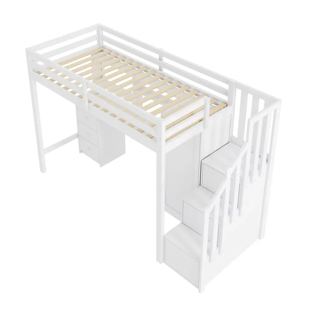 Okwish Lit Mezzanine 90x200 cm, Lit Enfant avec Bureau et Armoire, Escalier Rangement et Tiroirs, en MDF, Blanc - sans Matelas* Lit Mezzanine