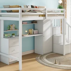 Okwish Lit Mezzanine 90x200 cm, Lit Enfant avec Bureau et Armoire, Escalier Rangement et Tiroirs, en MDF, Blanc - sans Matelas* Lit Mezzanine