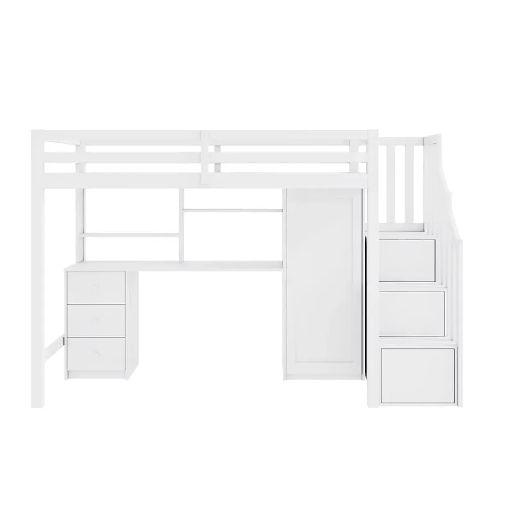 Okwish Lit Mezzanine 90x200 cm, Lit Enfant avec Bureau et Armoire, Escalier Rangement et Tiroirs, en MDF, Blanc - sans Matelas* Lit Mezzanine