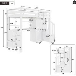 Okwish Lit Mezzanine 90x200 cm, Lit Enfant avec Bureau et Armoire, Escalier Rangement et Tiroirs, en MDF, Blanc - sans Matelas* Lit Mezzanine