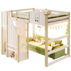 Okwish Lit Mezzanine 140x200 cm, Lit Enfant et Ado, avec LED et Échelle Rangement, Pin et MDF, sans Matelas - Blanc et Naturel* Lit Mezzanine