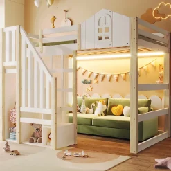 Okwish Lit Mezzanine 140x200 cm, Lit Enfant et Ado, avec LED et Échelle Rangement, Pin et MDF, sans Matelas - Blanc et Naturel* Lit Mezzanine
