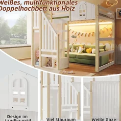 Okwish Lit Mezzanine 140x200 cm, Lit Enfant et Ado, avec LED et Échelle Rangement, Pin et MDF, sans Matelas - Blanc et Naturel* Lit Mezzanine