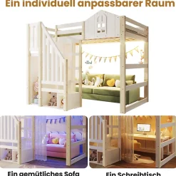 Okwish Lit Mezzanine 140x200 cm, Lit Enfant et Ado, avec LED et Échelle Rangement, Pin et MDF, sans Matelas - Blanc et Naturel* Lit Mezzanine