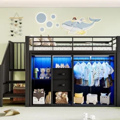 Okwish Lit Mezzanine 90x200 cm, Lit Enfant Simple avec LED et 2 Tiroirs, Armoire Ouverte, Métal MDF, Sans Matelas, Noir* Lit Mezzanine