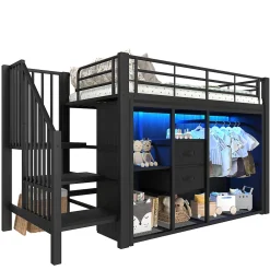 Okwish Lit Mezzanine 90x200 cm, Lit Enfant Simple avec LED et 2 Tiroirs, Armoire Ouverte, Métal MDF, Sans Matelas, Noir* Lit Mezzanine
