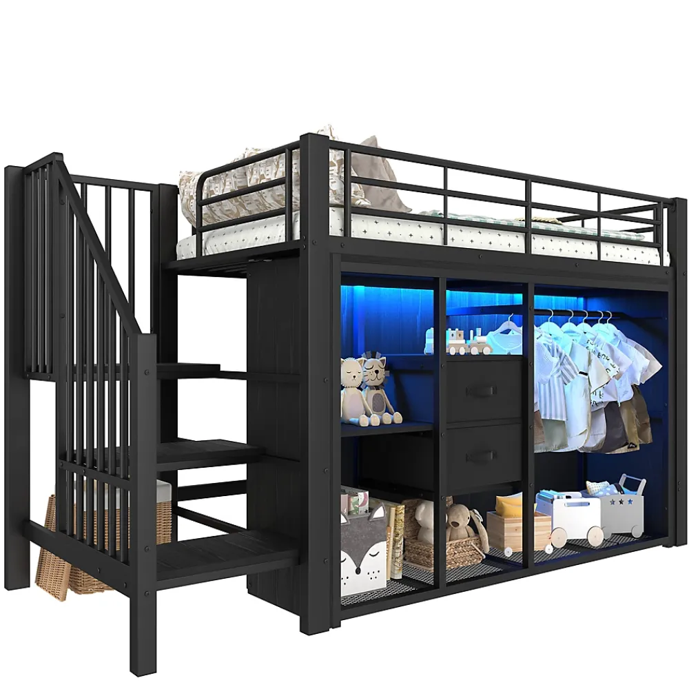 Okwish Lit Mezzanine 90x200 cm, Lit Enfant Simple avec LED et 2 Tiroirs, Armoire Ouverte, Métal MDF, Sans Matelas, Noir* Lit Mezzanine