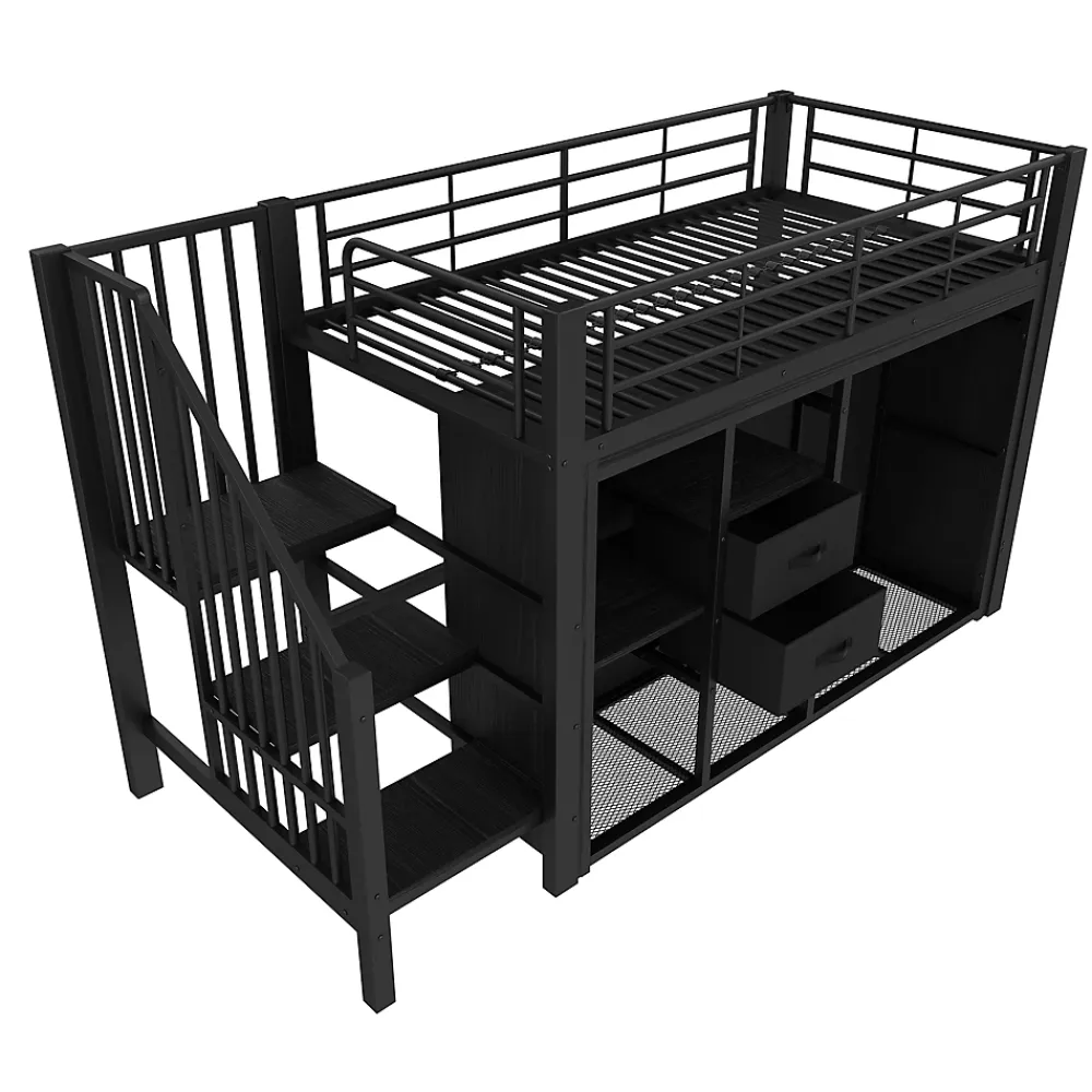 Okwish Lit Mezzanine 90x200 cm, Lit Enfant Simple avec LED et 2 Tiroirs, Armoire Ouverte, Métal MDF, Sans Matelas, Noir* Lit Mezzanine