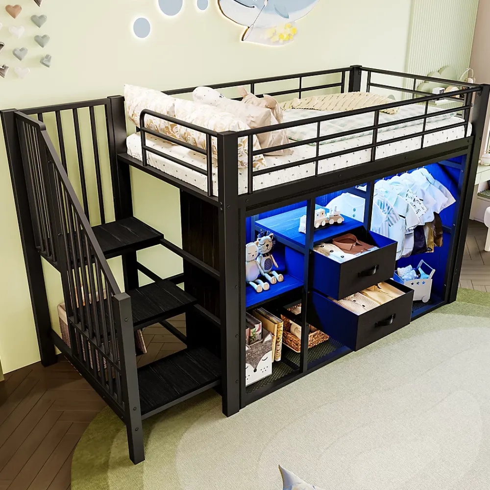 Okwish Lit Mezzanine 90x200 cm, Lit Enfant Simple avec LED et 2 Tiroirs, Armoire Ouverte, Métal MDF, Sans Matelas, Noir* Lit Mezzanine
