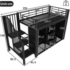 Okwish Lit Mezzanine 90x200 cm, Lit Enfant Simple avec LED et 2 Tiroirs, Armoire Ouverte, Métal MDF, Sans Matelas, Noir* Lit Mezzanine