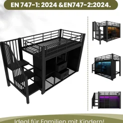 Okwish Lit Mezzanine 90x200 cm, Lit Enfant Simple avec LED et 2 Tiroirs, Armoire Ouverte, Métal MDF, Sans Matelas, Noir* Lit Mezzanine
