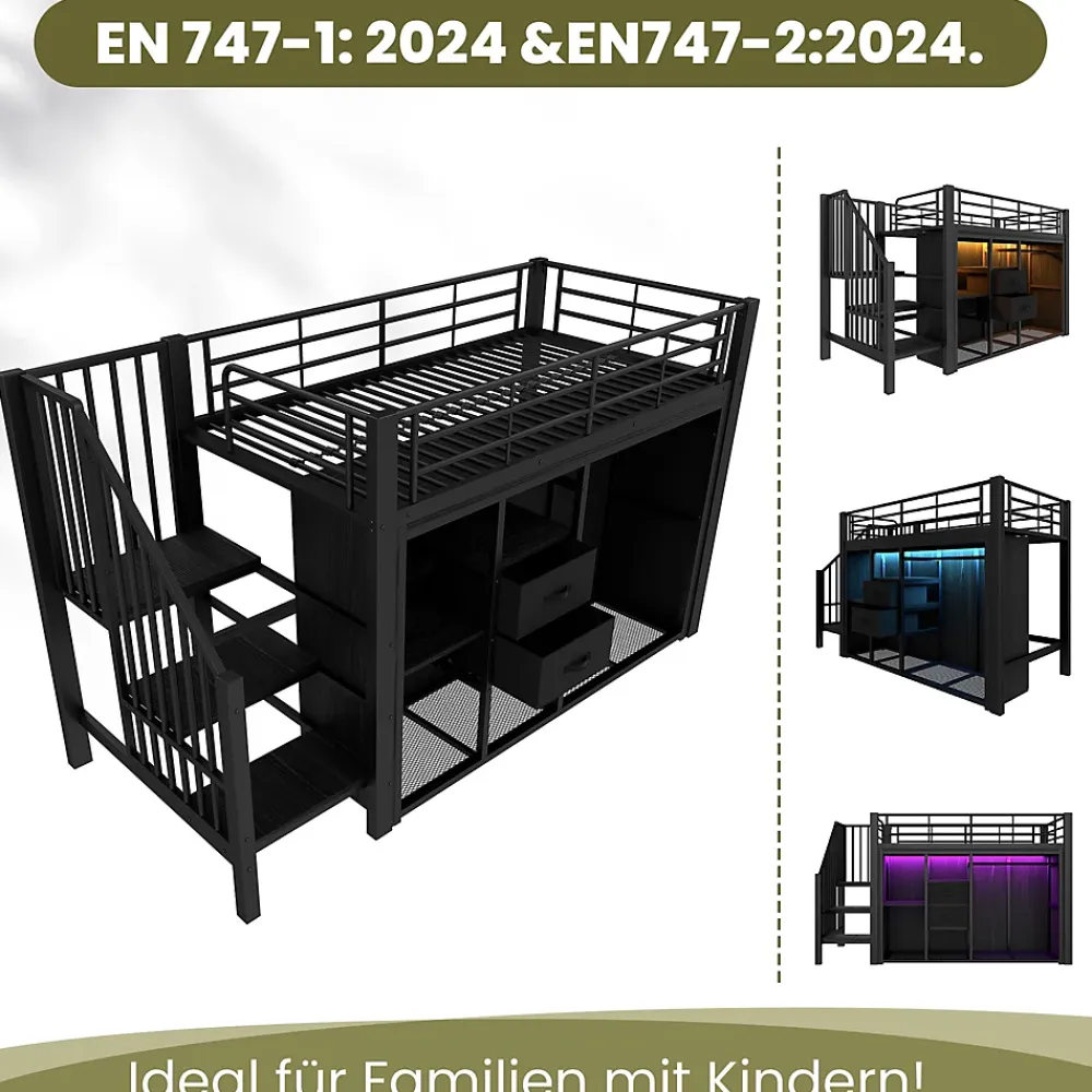 Okwish Lit Mezzanine 90x200 cm, Lit Enfant Simple avec LED et 2 Tiroirs, Armoire Ouverte, Métal MDF, Sans Matelas, Noir* Lit Mezzanine