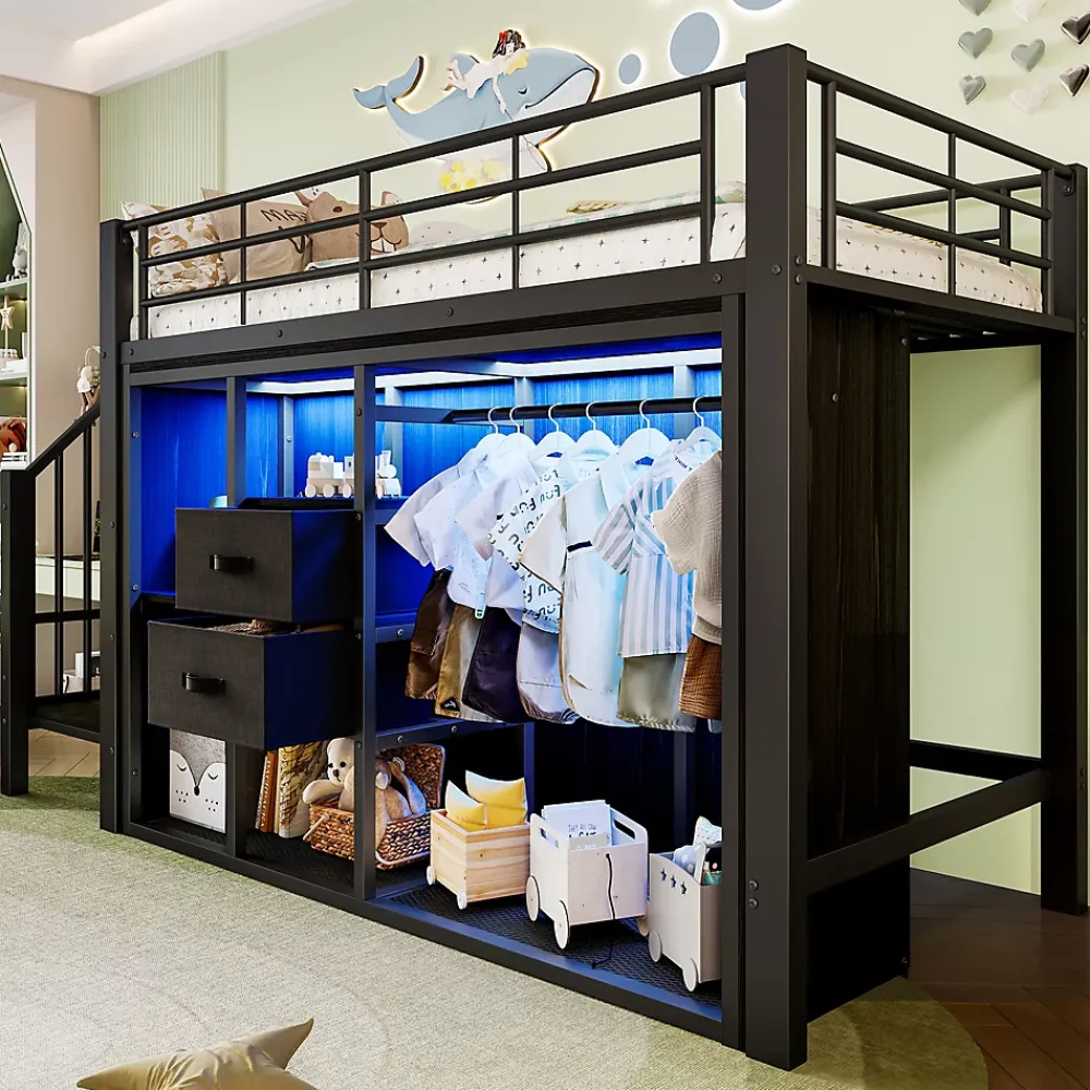 Okwish Lit Mezzanine 90x200 cm, Lit Enfant Simple avec LED et 2 Tiroirs, Armoire Ouverte, Métal MDF, Sans Matelas, Noir* Lit Mezzanine