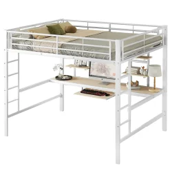 Okwish Lit mezzanine 140x200 cm, Lit enfant/ado avec bureau et 2 étagères - Métal + MDF - Sans matelas - Blanc* Lit Mezzanine