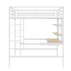 Okwish Lit mezzanine 140x200 cm, Lit enfant/ado avec bureau et 2 étagères - Métal + MDF - Sans matelas - Blanc* Lit Mezzanine