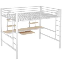 Okwish Lit mezzanine 140x200 cm, Lit enfant/ado avec bureau et 2 étagères - Métal + MDF - Sans matelas - Blanc* Lit Mezzanine