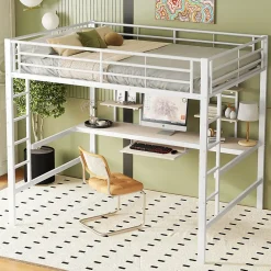 Okwish Lit mezzanine 140x200 cm, Lit enfant/ado avec bureau et 2 étagères - Métal + MDF - Sans matelas - Blanc* Lit Mezzanine