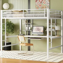 Okwish Lit mezzanine 140x200 cm, Lit enfant/ado avec bureau et 2 étagères - Métal + MDF - Sans matelas - Blanc* Lit Mezzanine