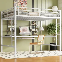Okwish Lit mezzanine 140x200 cm, Lit enfant/ado avec bureau et 2 étagères - Métal + MDF - Sans matelas - Blanc* Lit Mezzanine