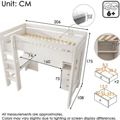 Okwish Lit mezzanine 90x200 cm, lit simple avec bureau en L, rangements et tiroirs, échelle, MDF/bois massif, blanc, sans matelas* Lit Mezzanine