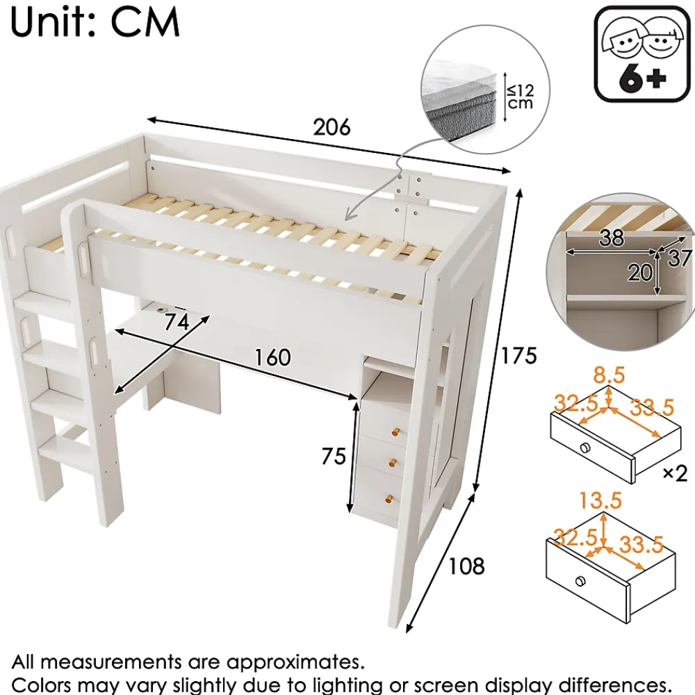 Okwish Lit mezzanine 90x200 cm, lit simple avec bureau en L, rangements et tiroirs, échelle, MDF/bois massif, blanc, sans matelas* Lit Mezzanine