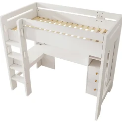 Okwish Lit mezzanine 90x200 cm, lit simple avec bureau en L, rangements et tiroirs, échelle, MDF/bois massif, blanc, sans matelas* Lit Mezzanine