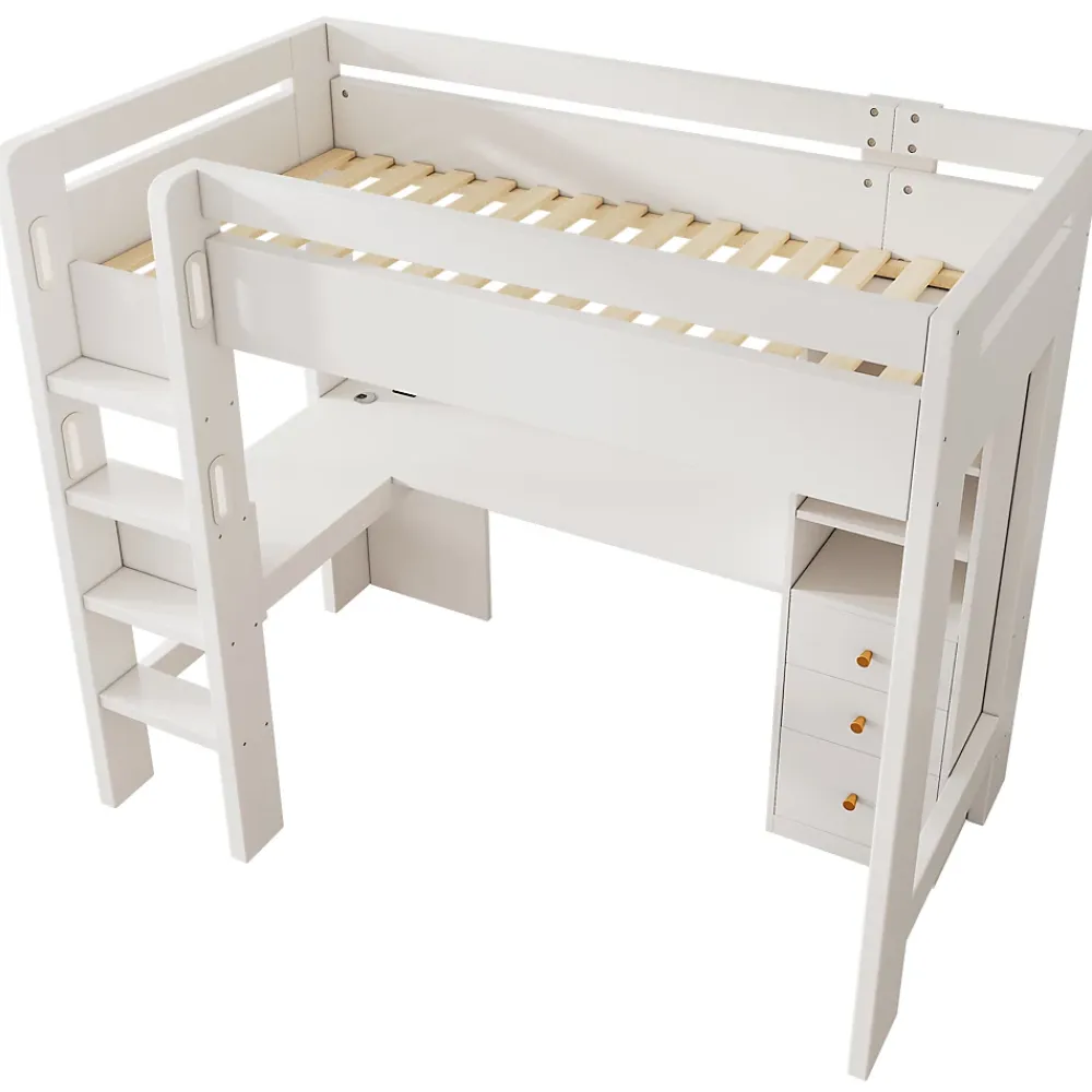 Okwish Lit mezzanine 90x200 cm, lit simple avec bureau en L, rangements et tiroirs, échelle, MDF/bois massif, blanc, sans matelas* Lit Mezzanine
