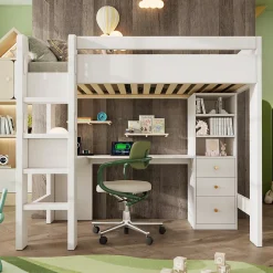 Okwish Lit mezzanine 90x200 cm, lit simple avec bureau en L, rangements et tiroirs, échelle, MDF/bois massif, blanc, sans matelas* Lit Mezzanine