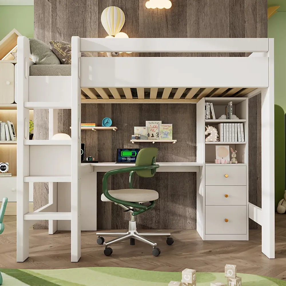 Okwish Lit mezzanine 90x200 cm, lit simple avec bureau en L, rangements et tiroirs, échelle, MDF/bois massif, blanc, sans matelas* Lit Mezzanine
