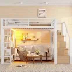 Okwish Lit Mezzanine 140x200 cm Métal Blanc avec Éclairage LED, Escalier Intégré et Garde-Corps, Lit Ado ou Adulte* Lit Mezzanine