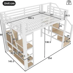 Okwish Lit Mezzanine 140x200 cm Métal Blanc avec Éclairage LED, Escalier Intégré et Garde-Corps, Lit Ado ou Adulte* Lit Mezzanine