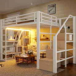 Okwish Lit Mezzanine 140x200 cm Métal Blanc avec Éclairage LED, Escalier Intégré et Garde-Corps, Lit Ado ou Adulte* Lit Mezzanine