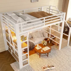 Okwish Lit Mezzanine 140x200 cm Métal Blanc avec Éclairage LED, Escalier Intégré et Garde-Corps, Lit Ado ou Adulte* Lit Mezzanine