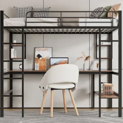 ProximaX Lit mezzanine 90x200 cm métal noir, surélevé avec échelle, bureau et 4 étagères d angle, pour enfants et ados*Enfant Lit Enfant