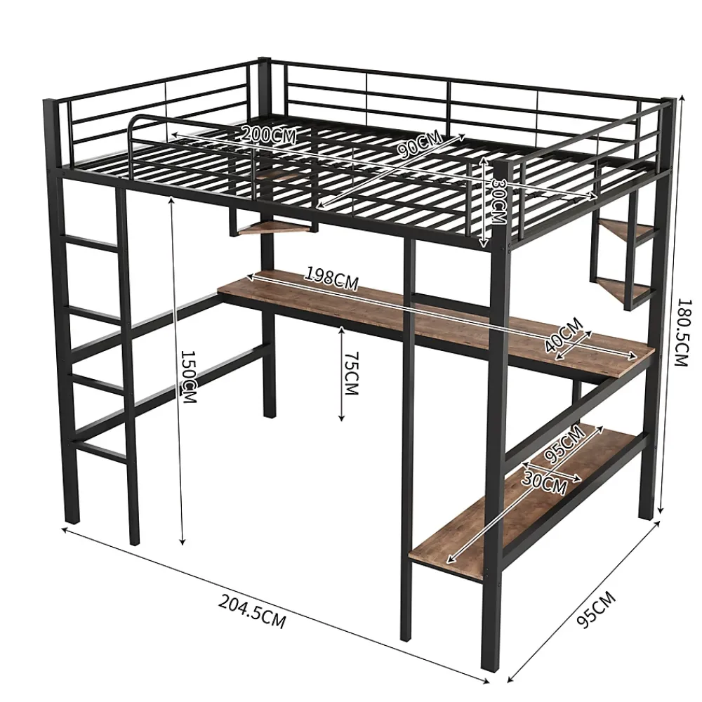 ProximaX Lit mezzanine 90x200 cm métal noir, surélevé avec échelle, bureau et 4 étagères d angle, pour enfants et ados*Enfant Lit Enfant