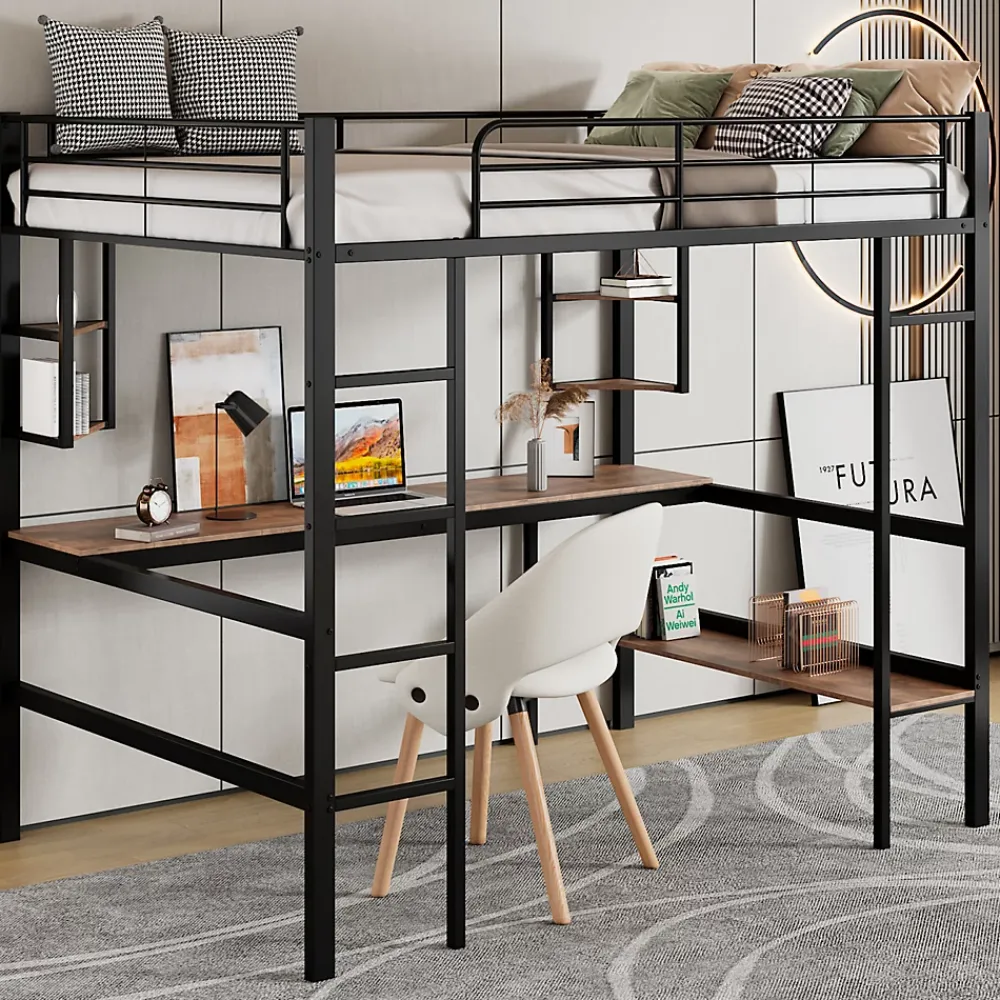 ProximaX Lit mezzanine 90x200 cm métal noir, surélevé avec échelle, bureau et 4 étagères d angle, pour enfants et ados*Enfant Lit Enfant
