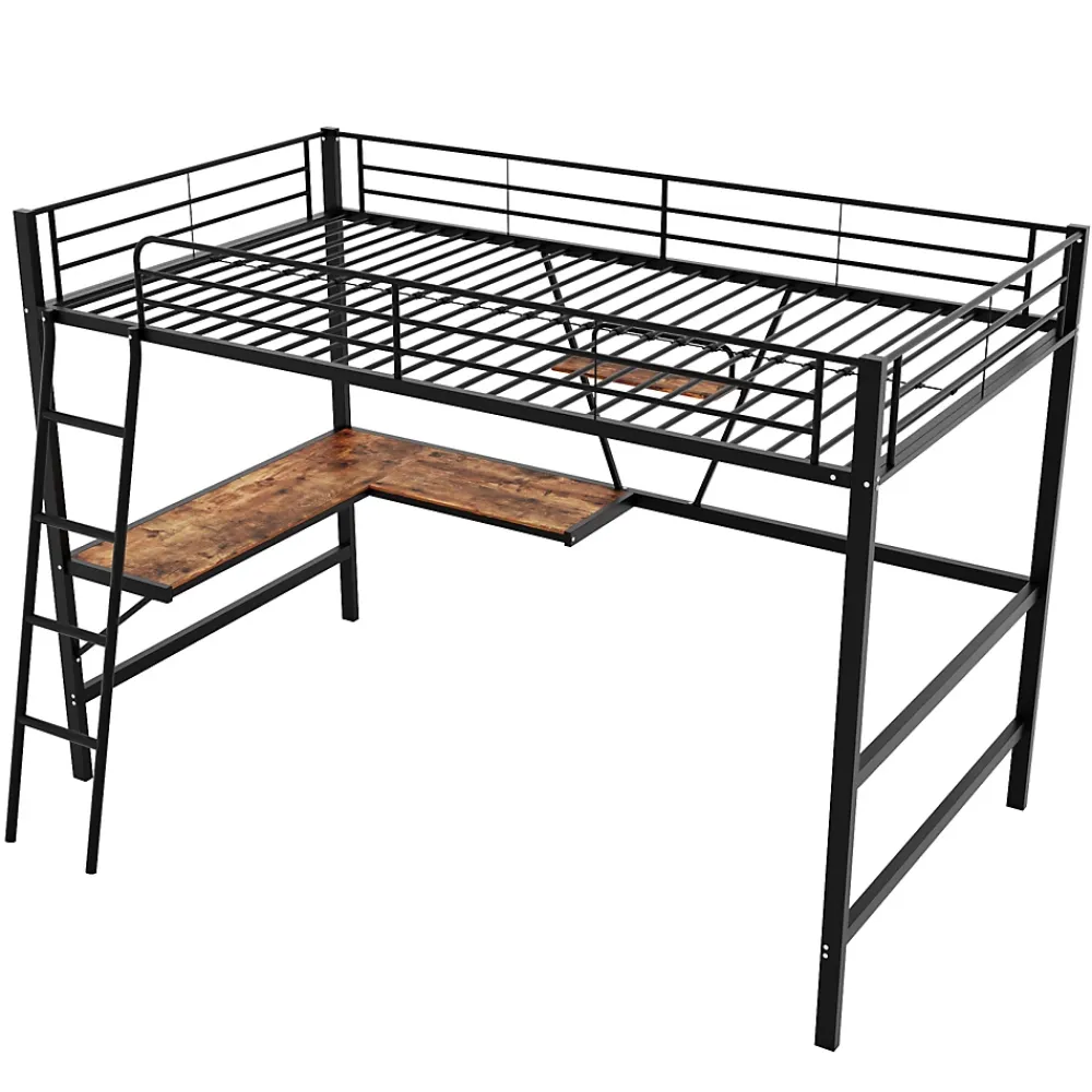 ProximaX Lit mezzanine 90x200 cm métal, surélevé, échelle, bureau en L et étagère intégrée, pour enfants et adolescents, Noir*Enfant Lit Enfant