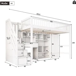 ModernLuxe Lit mezzanine 90x200 cm multifonctionnel en bois et MDF - avec escalier de rangement, bureau et armoire - Blanc(sans matelas)*Enfant Lit Enfant