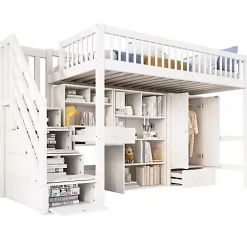 ModernLuxe Lit mezzanine 90x200 cm multifonctionnel en bois et MDF - avec escalier de rangement, bureau et armoire - Blanc(sans matelas)*Enfant Lit Enfant