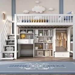 ModernLuxe Lit mezzanine 90x200 cm multifonctionnel en bois et MDF - avec escalier de rangement, bureau et armoire - Blanc(sans matelas)*Enfant Lit Enfant