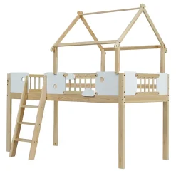 Okwish Lit mezzanine 90x200 cm simple avec échelle 3 niveaux et protection, bois pin MDF contreplaqué blanc et naturel sans matelas* Lit Mezzanine