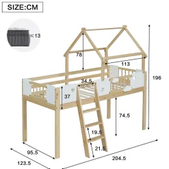 Okwish Lit mezzanine 90x200 cm simple avec échelle 3 niveaux et protection, bois pin MDF contreplaqué blanc et naturel sans matelas* Lit Mezzanine